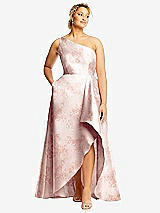 Front View Thumbnail - Bow And Blossom Print One-Shoulder Floral Satin Gown with Draped Front Slit