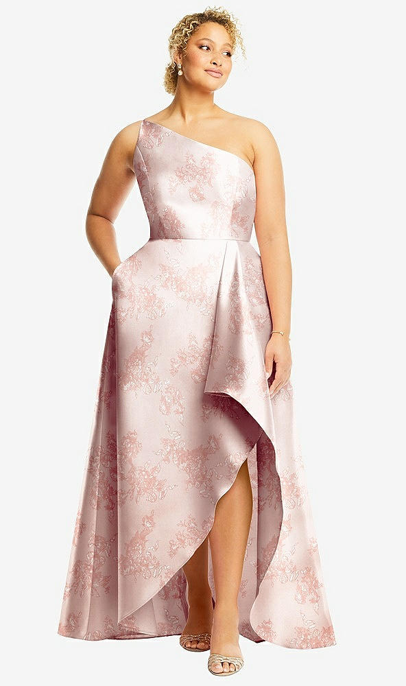 Front View - Bow And Blossom Print One-Shoulder Floral Satin Gown with Draped Front Slit