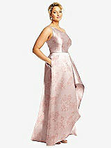 Side View Thumbnail - Bow And Blossom Print One-Shoulder Floral Satin Gown with Draped Front Slit