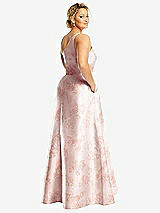 Rear View Thumbnail - Bow And Blossom Print One-Shoulder Floral Satin Gown with Draped Front Slit