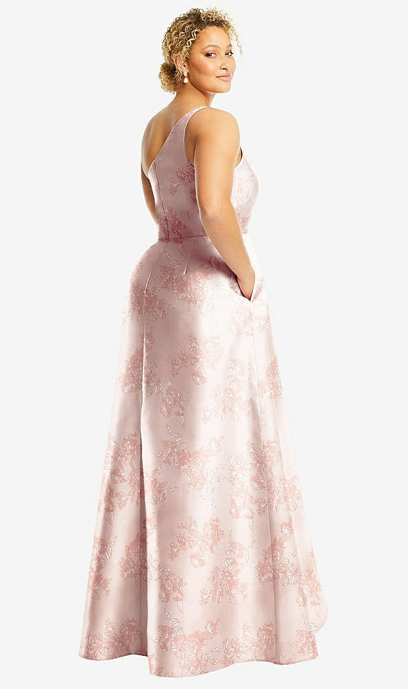 Back View - Bow And Blossom Print One-Shoulder Floral Satin Gown with Draped Front Slit