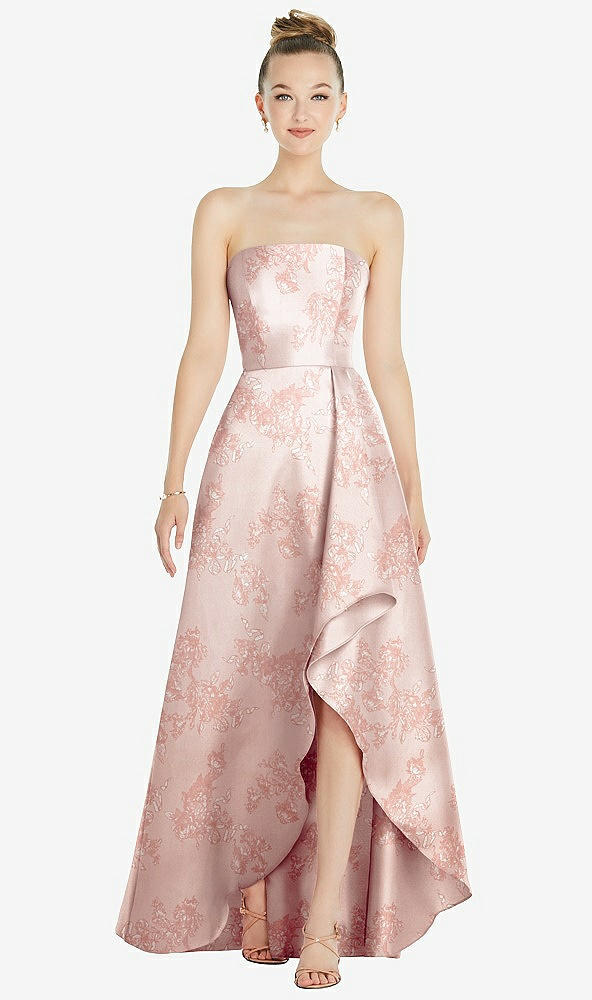 Front View - Bow And Blossom Print Strapless Floral Satin Gown with Draped Front Slit and Pockets