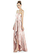 Side View Thumbnail - Bow And Blossom Print Strapless Floral Satin Gown with Draped Front Slit and Pockets