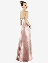 Rear View Thumbnail - Bow And Blossom Print Strapless Floral Satin Gown with Draped Front Slit and Pockets