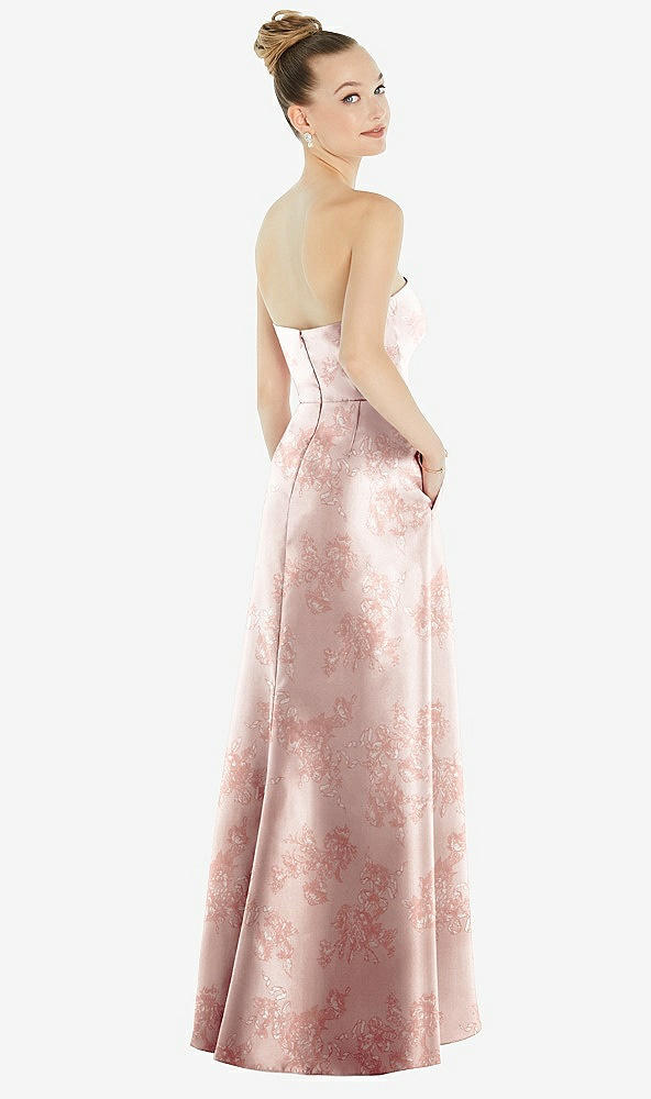 Back View - Bow And Blossom Print Strapless Floral Satin Gown with Draped Front Slit and Pockets