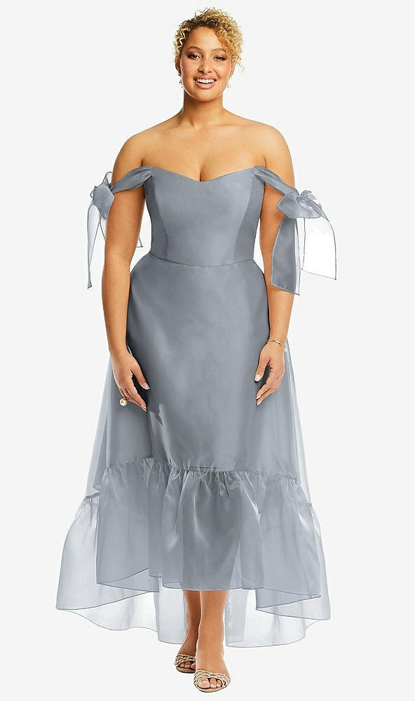 Front View - Platinum Convertible Deep Ruffle Hem High Low Organdy Dress with Scarf-Tie Straps