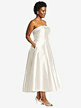 Alt View 3 Thumbnail - Ivory Cuffed Strapless Satin Twill Midi Dress with Full Skirt and Pockets