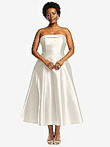 Alt View 4 Thumbnail - Ivory Cuffed Strapless Satin Twill Midi Dress with Full Skirt and Pockets