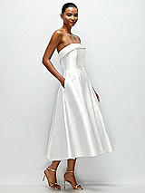 Rear View Thumbnail - White Cuffed Strapless Satin Twill Midi Dress with Full Skirt and Pockets