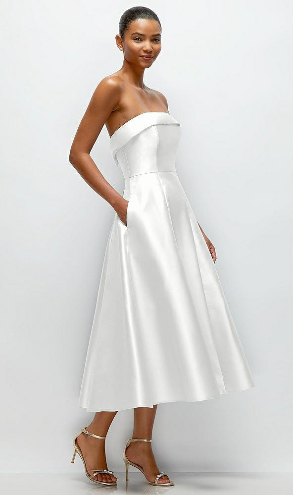 Back View - White Cuffed Strapless Satin Twill Midi Dress with Full Skirt and Pockets