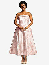 Alt View 1 Thumbnail - Bow And Blossom Print Cuffed Strapless Floral Satin Twill Midi Dress with Full Skirt and Pockets