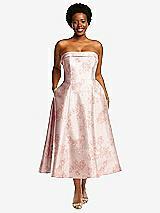 Front View Thumbnail - Bow And Blossom Print Cuffed Strapless Floral Satin Twill Midi Dress with Full Skirt and Pockets
