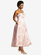 Side View Thumbnail - Bow And Blossom Print Cuffed Strapless Floral Satin Twill Midi Dress with Full Skirt and Pockets