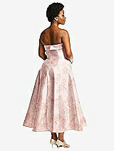 Rear View Thumbnail - Bow And Blossom Print Cuffed Strapless Floral Satin Twill Midi Dress with Full Skirt and Pockets