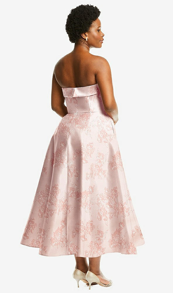 Back View - Bow And Blossom Print Cuffed Strapless Floral Satin Twill Midi Dress with Full Skirt and Pockets