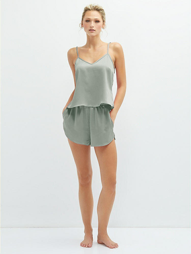 Front View - Willow Green Whisper Satin Lounge Shorts with Pockets