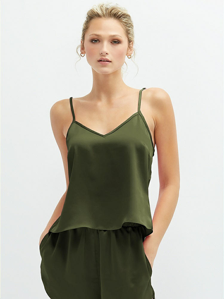 Front View - Olive Green Split Back Whisper Satin Cami Top