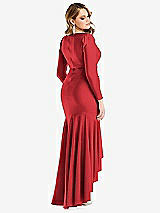 Rear View Thumbnail - Poppy Red Long Sleeve Pleated Wrap Ruffled High Low Stretch Satin Gown
