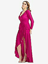 Side View Thumbnail - Think Pink Long Sleeve Pleated Wrap Ruffled High Low Stretch Satin Gown