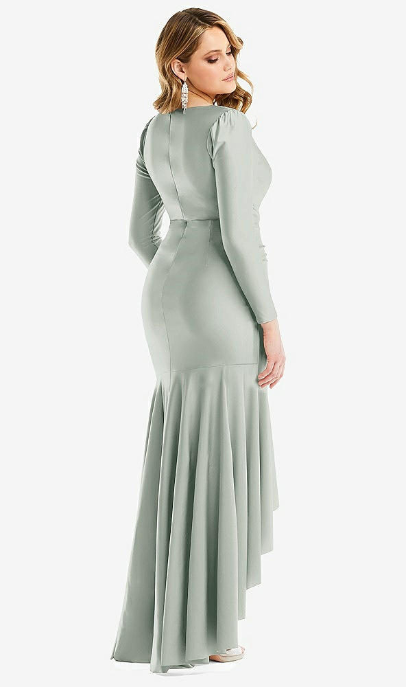 Back View - Willow Green Long Sleeve Pleated Wrap Ruffled High Low Stretch Satin Gown