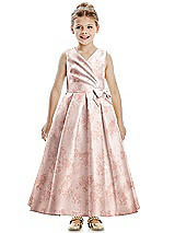 Front View Thumbnail - Bow And Blossom Print Floral Faux Wrap Pleated Skirt Satin Flower Girl Dress with Bow