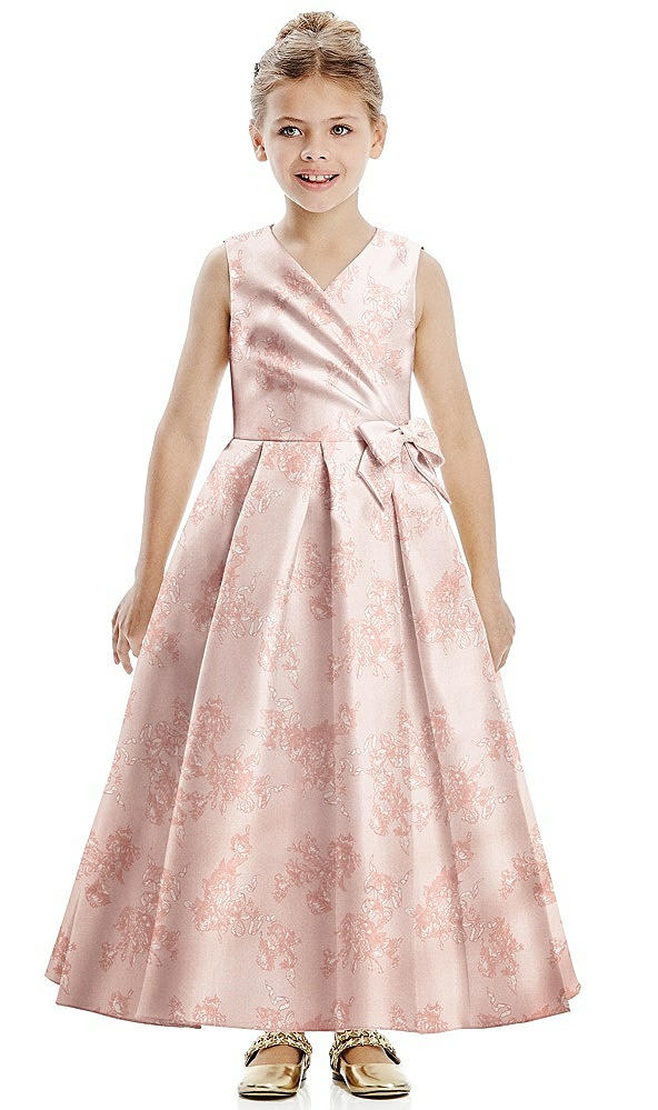 Front View - Bow And Blossom Print Floral Faux Wrap Pleated Skirt Satin Flower Girl Dress with Bow