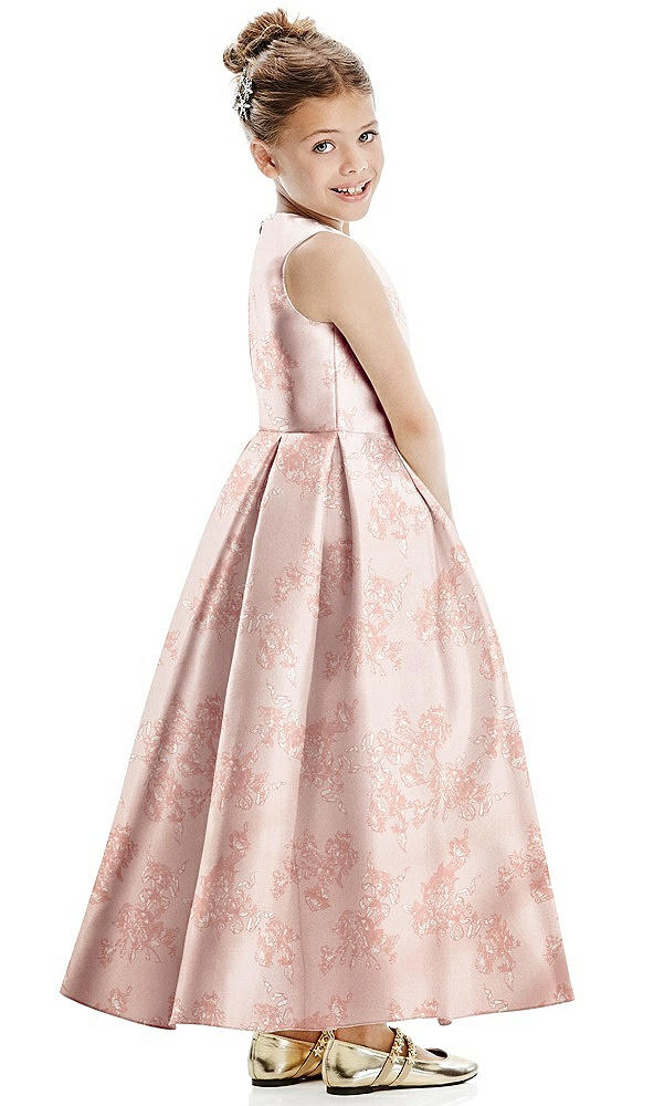 Back View - Bow And Blossom Print Floral Faux Wrap Pleated Skirt Satin Flower Girl Dress with Bow
