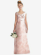 Front View Thumbnail - Bow And Blossom Print Floral Off-the-Shoulder Draped Wrap Satin Junior Bridesmaid Dress