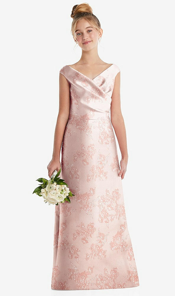 Front View - Bow And Blossom Print Floral Off-the-Shoulder Draped Wrap Satin Junior Bridesmaid Dress