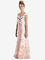 Side View Thumbnail - Bow And Blossom Print Floral Off-the-Shoulder Draped Wrap Satin Junior Bridesmaid Dress