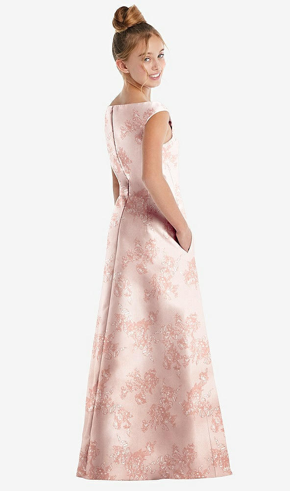 Back View - Bow And Blossom Print Floral Off-the-Shoulder Draped Wrap Satin Junior Bridesmaid Dress
