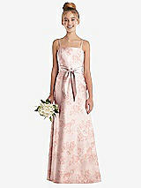 Front View Thumbnail - Bow And Blossom Print Floral A-Line Satin Junior Bridesmaid Dress with Mini Sash