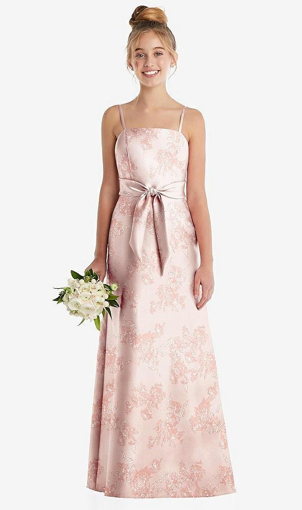 Front View - Bow And Blossom Print Floral A-Line Satin Junior Bridesmaid Dress with Mini Sash