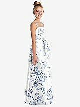 Side View Thumbnail - Cottage Rose Larkspur Floral A-Line Satin Junior Bridesmaid Dress with Mini Sash