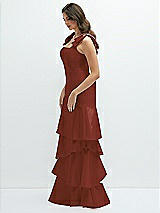 Front View Thumbnail - Auburn Moon Bow-Shoulder Satin Maxi Dress with Asymmetrical Tiered Skirt