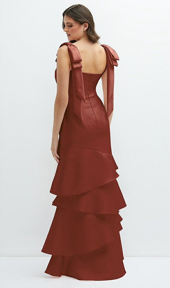 Back View - Auburn Moon Bow-Shoulder Satin Maxi Dress with Asymmetrical Tiered Skirt