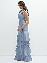 Front View Thumbnail - Cloudy Bow-Shoulder Satin Maxi Dress with Asymmetrical Tiered Skirt