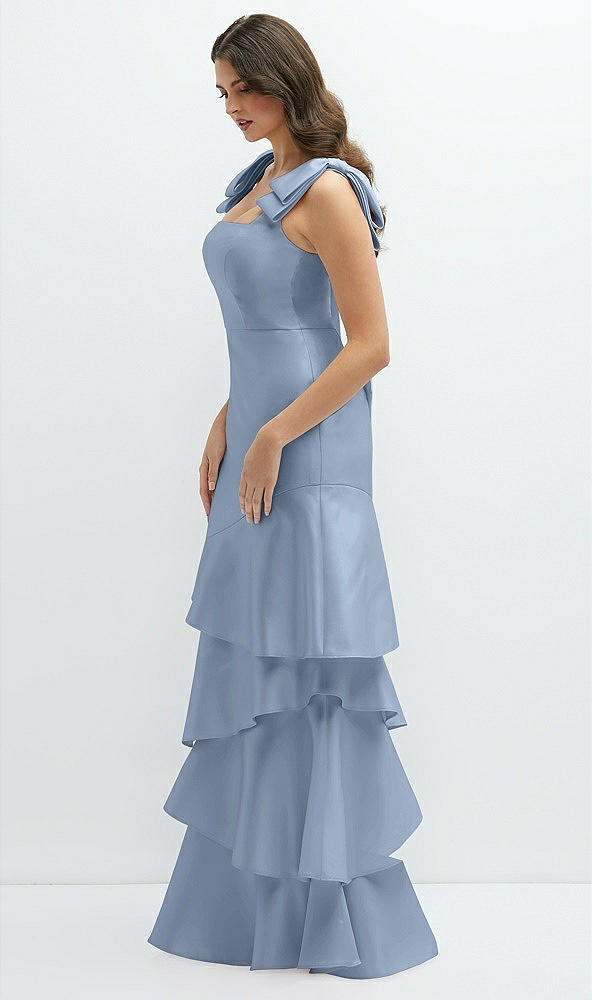 Front View - Cloudy Bow-Shoulder Satin Maxi Dress with Asymmetrical Tiered Skirt