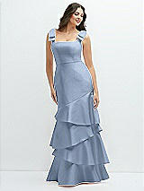 Side View Thumbnail - Cloudy Bow-Shoulder Satin Maxi Dress with Asymmetrical Tiered Skirt