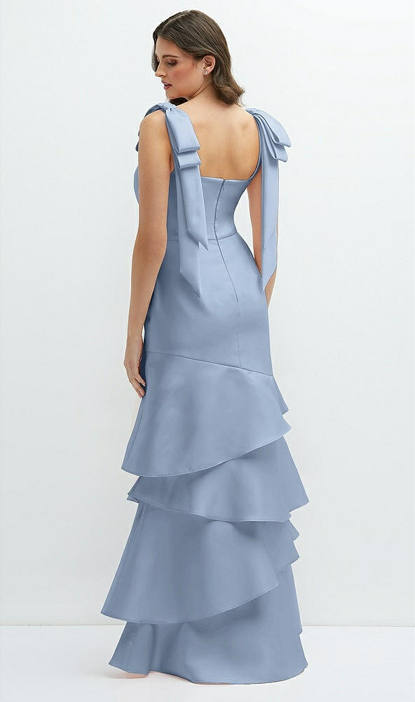 Back View - Cloudy Bow-Shoulder Satin Maxi Dress with Asymmetrical Tiered Skirt