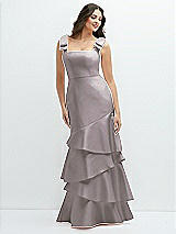 Side View Thumbnail - Cashmere Gray Bow-Shoulder Satin Maxi Dress with Asymmetrical Tiered Skirt