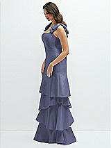 Front View Thumbnail - French Blue Bow-Shoulder Satin Maxi Dress with Asymmetrical Tiered Skirt
