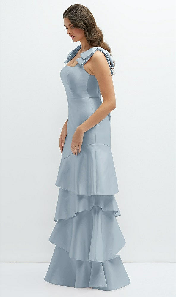 Front View - Mist Bow-Shoulder Satin Maxi Dress with Asymmetrical Tiered Skirt