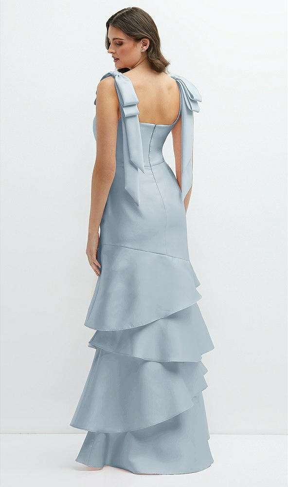 Back View - Mist Bow-Shoulder Satin Maxi Dress with Asymmetrical Tiered Skirt