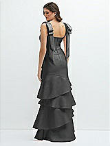 Rear View Thumbnail - Pewter Bow-Shoulder Satin Maxi Dress with Asymmetrical Tiered Skirt