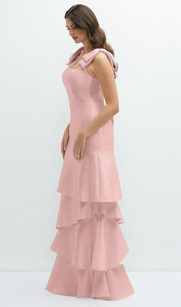 Front View - Rose - PANTONE Rose Quartz Bow-Shoulder Satin Maxi Dress with Asymmetrical Tiered Skirt