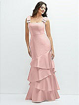 Side View Thumbnail - Rose - PANTONE Rose Quartz Bow-Shoulder Satin Maxi Dress with Asymmetrical Tiered Skirt