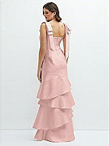 Rear View Thumbnail - Rose - PANTONE Rose Quartz Bow-Shoulder Satin Maxi Dress with Asymmetrical Tiered Skirt