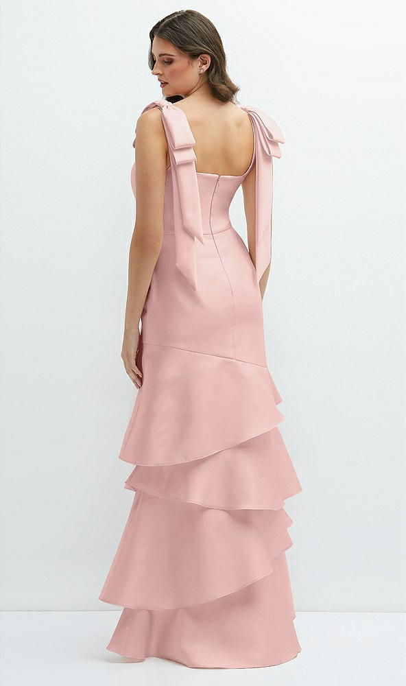 Back View - Rose - PANTONE Rose Quartz Bow-Shoulder Satin Maxi Dress with Asymmetrical Tiered Skirt