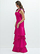 Front View Thumbnail - Think Pink Bow-Shoulder Satin Maxi Dress with Asymmetrical Tiered Skirt